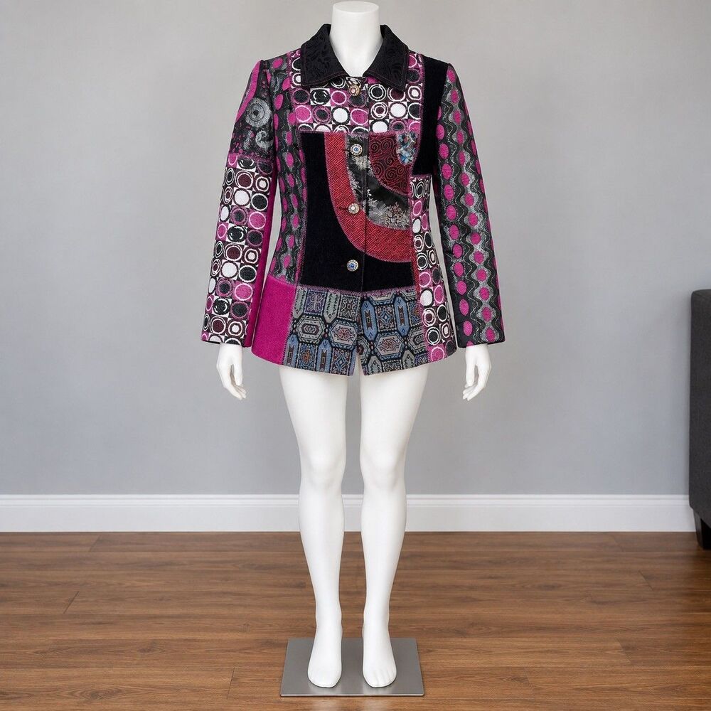 Mistror Image Womens M Patchwork Blazer Art To Wear Maximalist Pink Black Boho